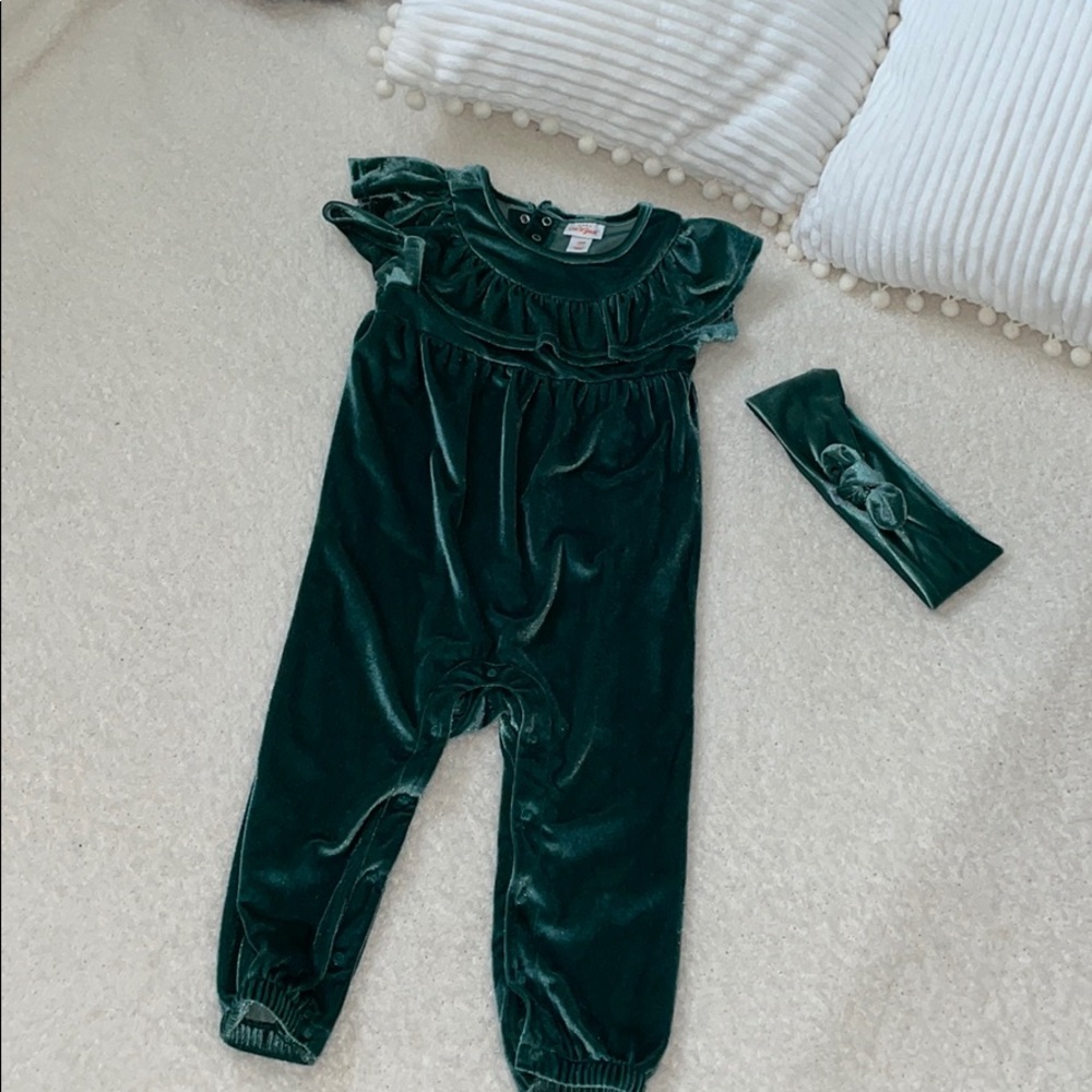 Cat and Jack green velvet romper and headband set